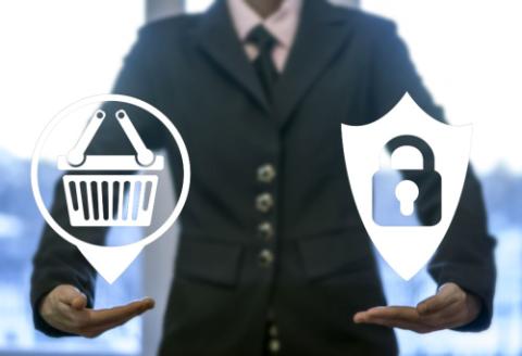 Security protection store shopping navigation web computer online business concept. Basket shield lock safety online buy internet shop market technology