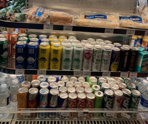 Non-Alc canned drinks on display with sandwichs at Parkland