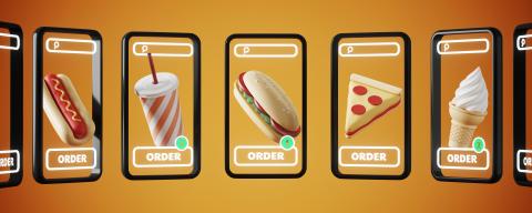 Multiple iphones displaying different fast food items with "order" written on each screen.