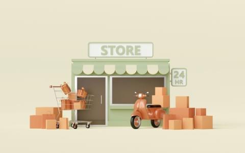 Fast and free delivery by scooter. Vector cartoon illustration. Food service.