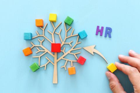 Business image of wooden tree with colorful cubes over blue table, human resources and management concept