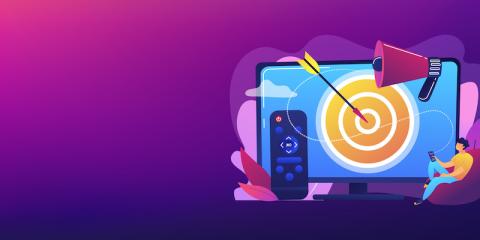 Businessman with remote control watching targeted TV ads. Addressable TV advertising, new advertising technology, targeting TV marketing concept. Header or footer banner template with copy space.