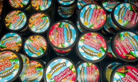 Ben and Jerrys ice creams in a freezer