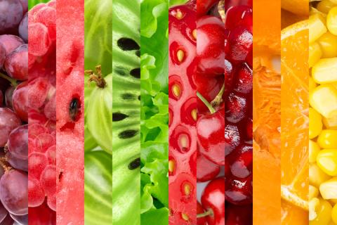 Fresh color food background. Collage with different fruits and vegetables