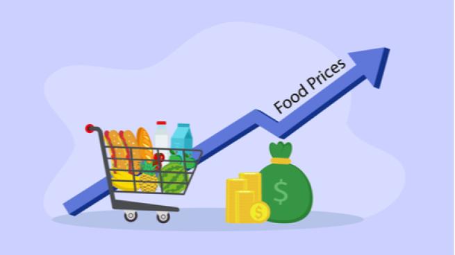 Trolley full of groceries near piles of money with increasing food prices graph background