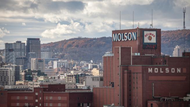 Molson Coors logo on Molson Brewery brick tower in downtown Montreal, Quebec. It is one of the biggest beer producers in the world