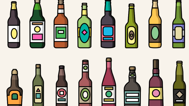 Set of colorful icons of alcoholic drinks' bottles. Vector isolated illustrations in flat style design