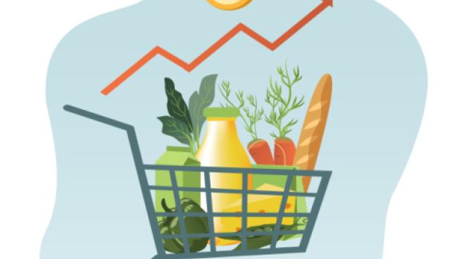 vector illustration on the theme of rising food prices. The rise in prices for products. grocery set, food basket, stack of coins and up arrow. trend illustration in flat style