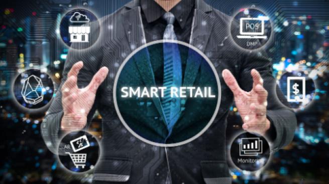Smart retail and omni channel concept. Man business suit hand , Electric circuit graphic and info graphic of smart retail technology icons.