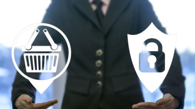 Security protection store shopping navigation web computer online business concept. Basket shield lock safety online buy internet shop market technology