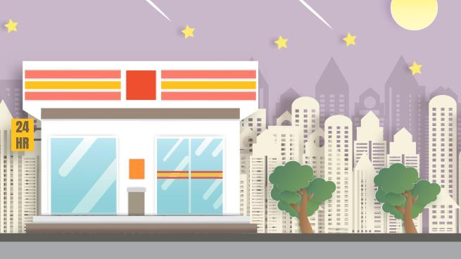 convenience store. 24 hour shop.convenience store open in the night time in paper cut and craft style.