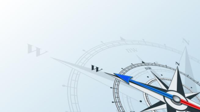 Compass west. Compass with wind rose, the arrow points to the west. Compass on a blue background. Compass illustrations can be used as background. Flat background with copy space place. Travel concept