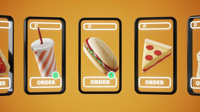 Multiple iphones displaying different fast food items with "order" written on each screen.