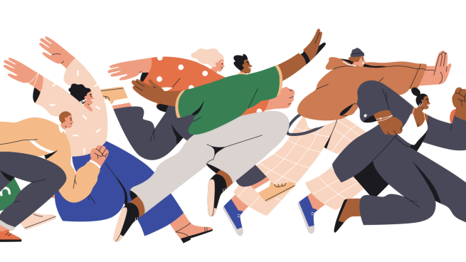 Crowd of happy people running fast. Group of excited men and women buyers hurrying and hunting for sales. Mad fans following and chasing for smb. Flat graphic vector illustration isolated on white