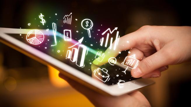 Finger pointing on tablet pc, charts concept