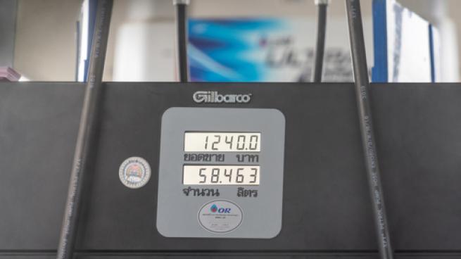 Bangkok, Thailand - 20 Sep 2020, The Gilbarco gas pump show the price of the meter in Thai Bath and amount of litter fuel in the gas station., Bangkok, Thailand.