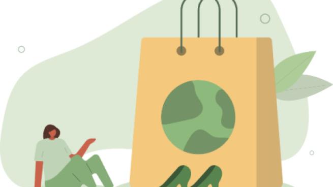 Sustainability image of green with woman resting and shopping bag