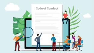 code of conduct team people work together on paper document on laptop screen - vector illustration