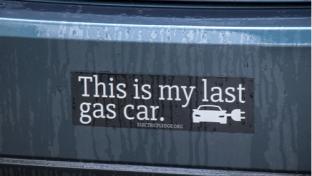 View of bumper sticker "This is my last gas car" by electricpledge