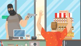 The robber in the mask went to the store to collect money from the cash register and threatened the seller with a gun. Vector illustration