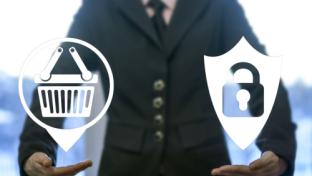 Security protection store shopping navigation web computer online business concept. Basket shield lock safety online buy internet shop market technology