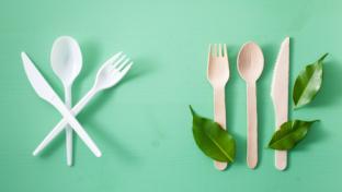 harmful plastic cutlery and eco friendly wooden cutlery. plastic free concept