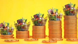 Growth of food sales or growth of market basket or consumer price index concept. Shopping basket with foods with coin stacks on yellow background. 3d illustration