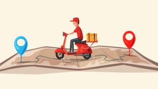 Fast and free delivery by scooter. Vector cartoon illustration. Food service.