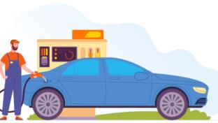 Worker filling car. Man in work gas station uniform pouring tank of car driver, petrol gasoline pump fuel transportation oil refuel biofuel automobile, splendid vector illustration of gas station