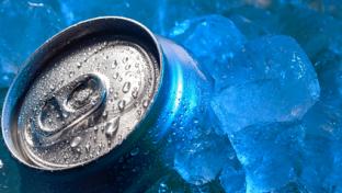 top of drink tin can iced submerged in frost ice, metal aluminum beverage.